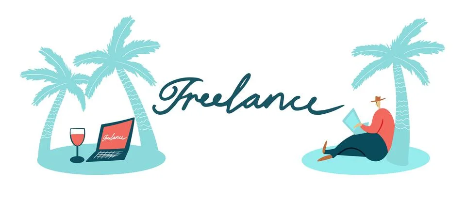 Remote work under palm trees. Freelance at the resort. Wine during business Stock Illustration