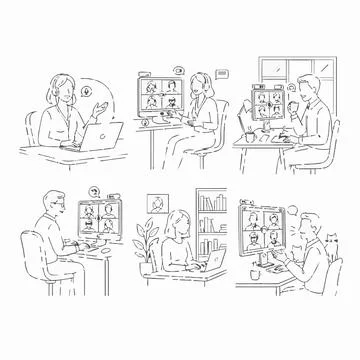 Remote work video conference illustration set, people on laptop and compute.. Stock Illustration