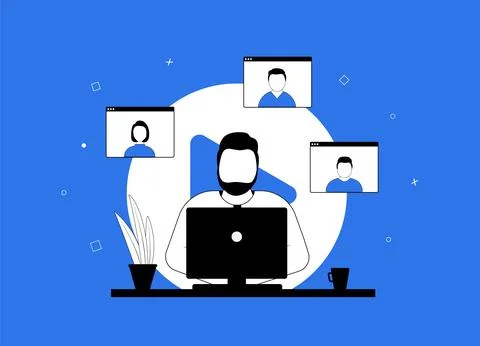 Remote work video conference. Virtual meeting with colleagues on computer screen Stock Illustration