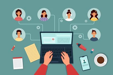 Remote work. Virtual online network. People team zoom communication in office Stock Illustration