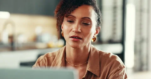 Remote work, woman and mistake with laptop for research, news story error and Stock Footage 294303176