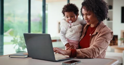 Remote work, woman and playing with baby in home for multitasking, laptop Stock Footage 335512370