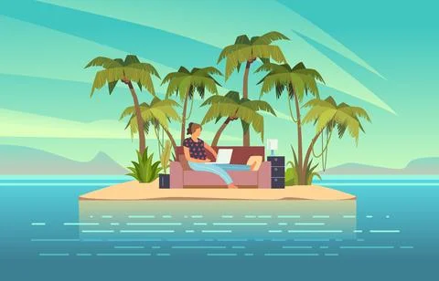 Remote work. Woman lying on sofa and working on laptop, tropical island in ocean Stock-Illustration