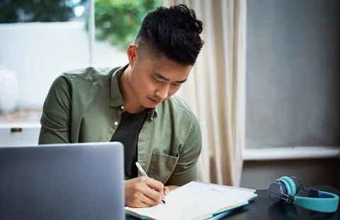Remote work, writing notes or Asian man in home office, list or inspiration.. Stock Photos
