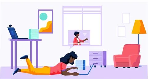 Remote worker communicating with colleague via internet, student at online Illustrazione stock