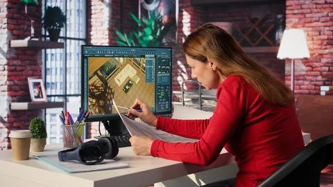 Remote worker in creative office uses CAD software and blueprints plan Stock Photos