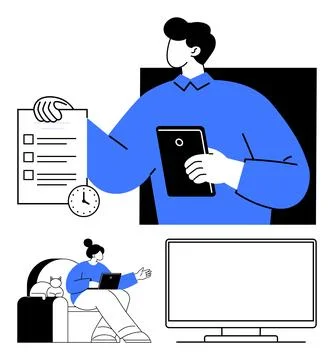 Remote worker holding tablet and task list with clock, woman working from hom Stockillustratie