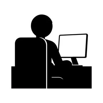 Remote Worker Icon. Black and white silhouette of a person sitting at a desk Stock Illustration