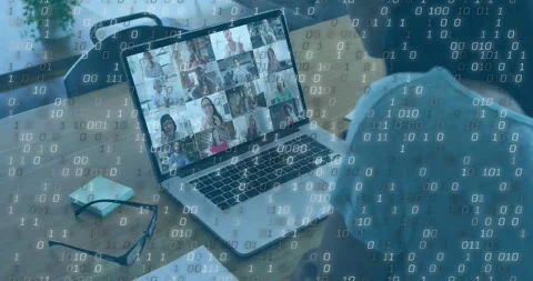 Remote worker joining virtual tech meeting, streaming binary data overlay on Stock Footage 318194066