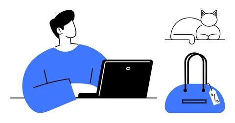 Remote worker at laptop, napping cat, handbag with price tag. Ideal for home  Stock Illustration