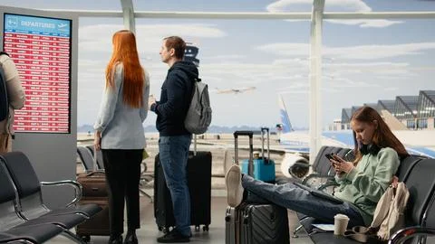 Remote worker react to postponed flights and shutdown conditions Stock Photos