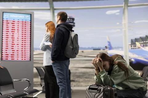 Remote worker react to postponed flights and shutdown conditions Stock Photos