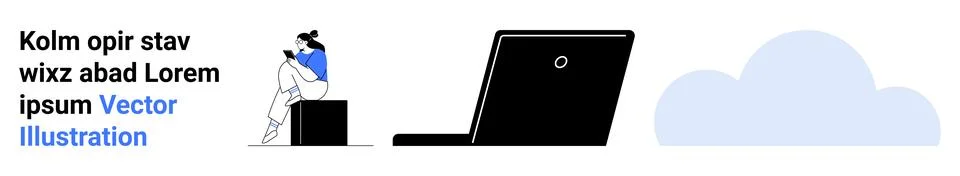 Remote worker sitting on a box using a laptop, indicating digital work and cl Stock Illustration