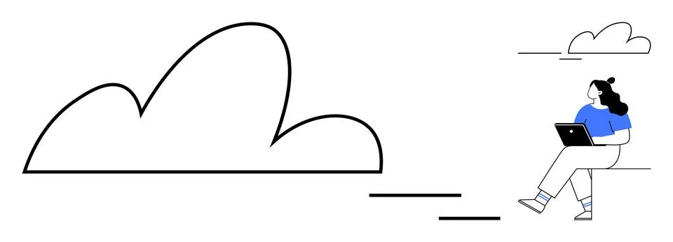 Remote worker sitting on a cloud using a laptop in a minimalist design. Ideal Illustrazione stock