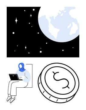 Remote Worker Using Laptop with Space, Earth, and Currency Coin Elements Re.. イラスト素材