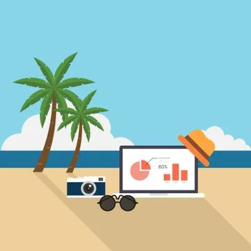 Remote working on the beach concept flat design Illustrazione stock