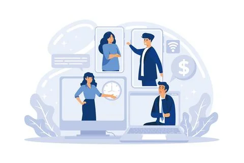 Remote working concept set. Telework and global outsourcing, Employee work .. Stock Illustration