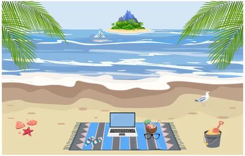 Remote Working Place Using Laptop Beach Summer Vacation Tropical Island Stock Illustration