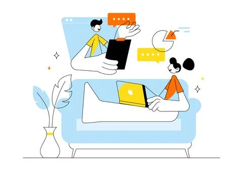 Remote Working Setup Vector Illustration Featuring a Balanced Work Life Env.. Stock Illustration