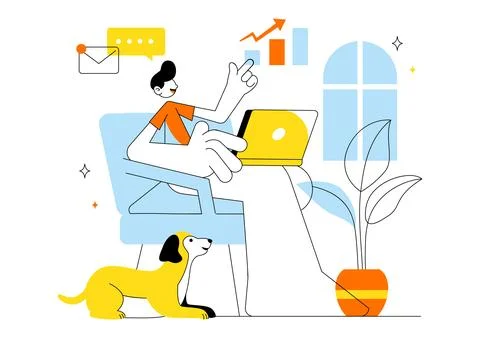 Remote Working Setup Vector Illustration Featuring a Balanced Work Life Env.. 스톡 일러스트