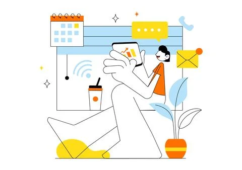 Remote Working Setup Vector Illustration Featuring a Balanced Work Life Env.. Stock Illustration