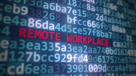 REMOTE WORKPLACE text and program code on the computer screen. 3D rendering 库存插图