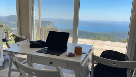 Remote Workspace With Panoramic Sea and Mountain View in Turkey Stock Footage 335946146