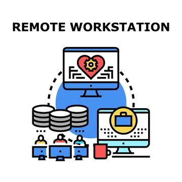 Remote workstation concept connecting global online working team Illustrazione stock