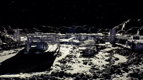 Remoteoperated mining device gathers moon soil with attached processing units Stock Footage 333554826