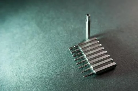 Removable screwdriver bits, nine in a row, a torx Foto stock