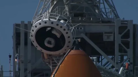Removal of the cone block before the launch of the Space Shuttle. Stock Footage 310546746