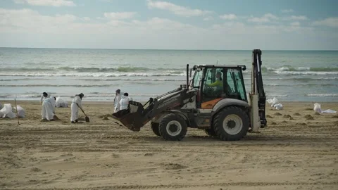 Removal of fuel oil from the coast using machinery 動画素材 299563078