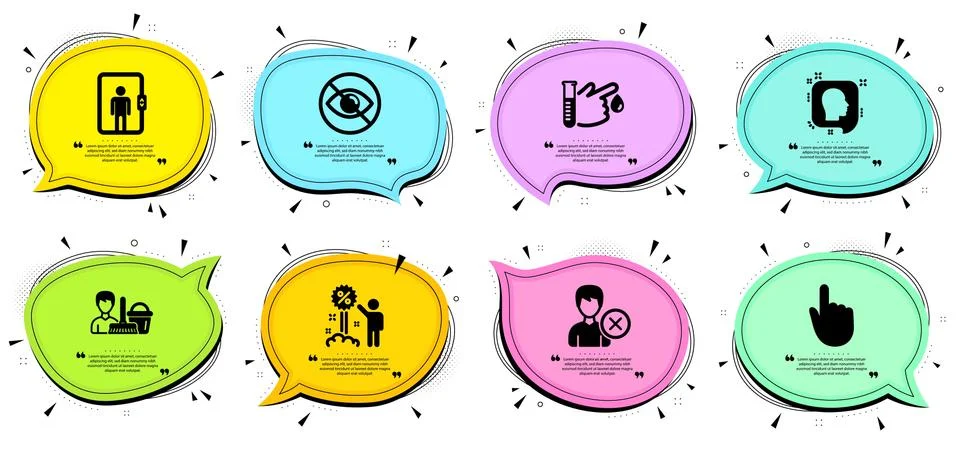 Remove account, Elevator and Discount icons set. Cleaning service, Head and Not Stock Illustration