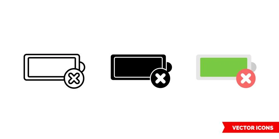Remove battery icon of 3 types color, black and white, outline. Isolated vector Stock Illustration