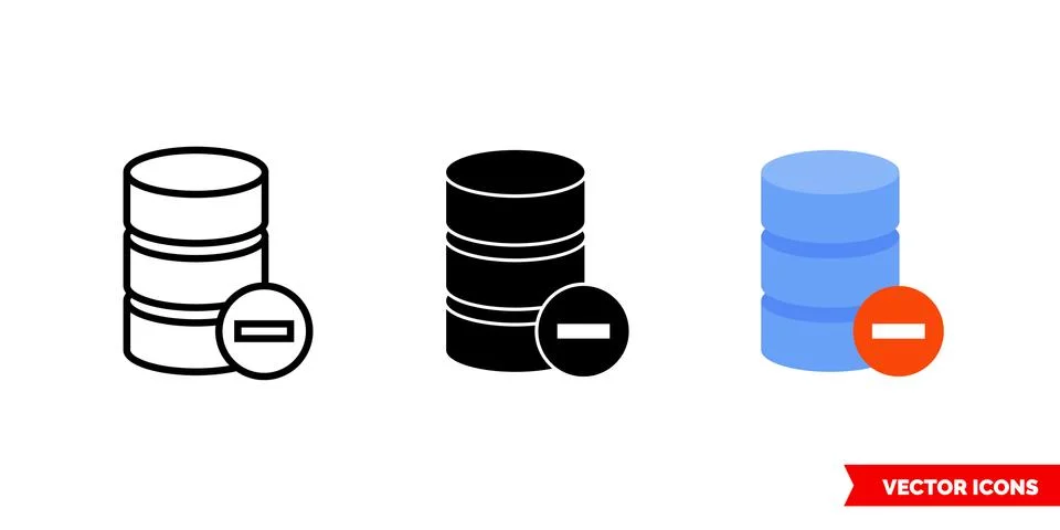 Remove database icon of 3 types color, black and white, outline. Isolated vec Stock Illustration