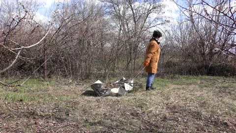 Remove dry leaves from the yard in the spring. Stock Footage 152521550