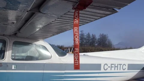 Remove Before Flight Tag on Aileron System of Cessna 172 Airplane Stock Footage 301634807