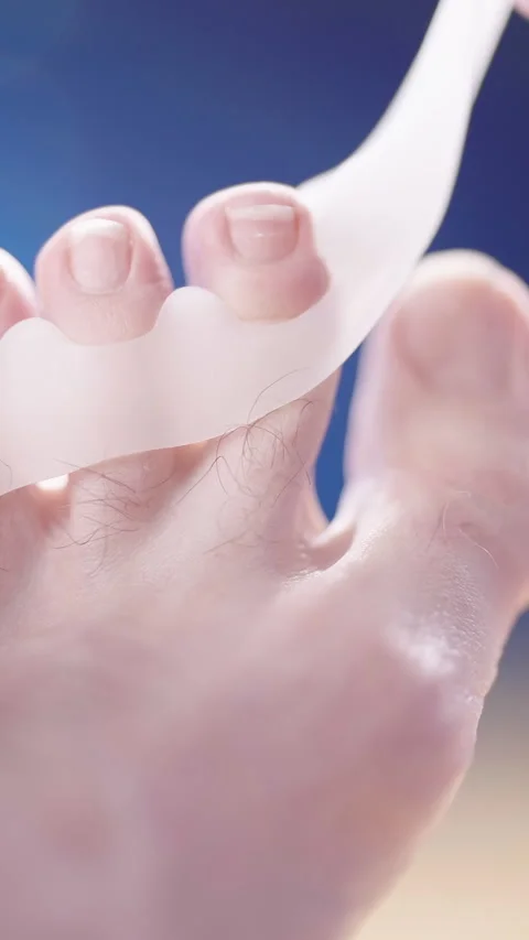Remove medical silicone toe corrector spreader between toes close-up Video stock 324961015