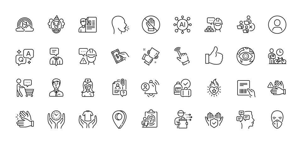 Remove team, Fingerprint and Builder warning line icons pack. For web app. Line Stock Illustration