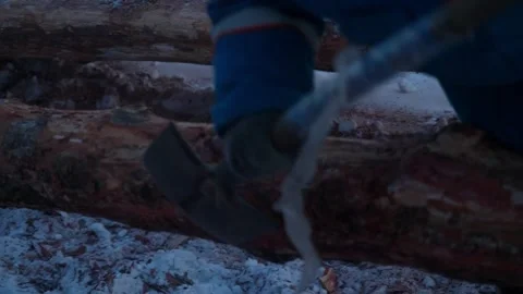 Removing bark from a freshly cut log with an axe Stock Footage 324022224