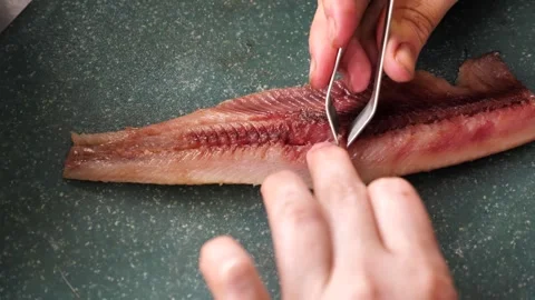 Removing belly and small bones from fish fillets in the kitchen Stock Footage 337582617