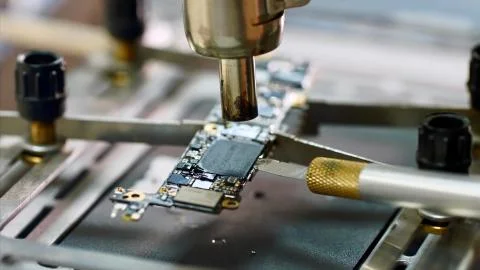 Removing chipset element microprocessor using knife melted with soldering dryer. 스톡 사진