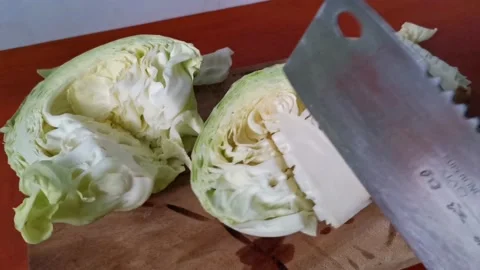 Removing The Core of a Whole Cabbage Stock Footage 235499241