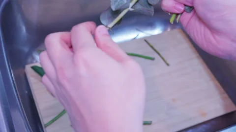 Removing Leaves from eucalyptus  Stems During Home Flower Prep Stock Footage 319920121
