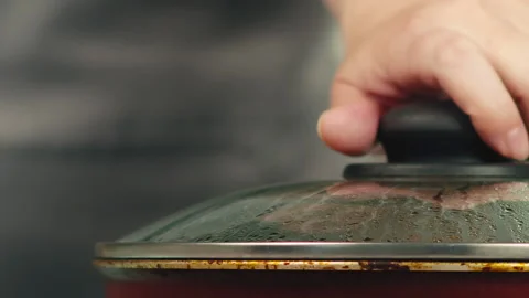 Removing lid from pan macro Stock Footage 165973760