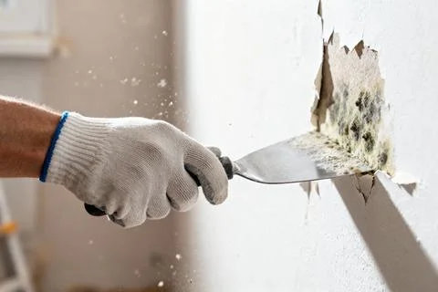 Removing mold from a wall with a scraper during home renovation Stock Photos