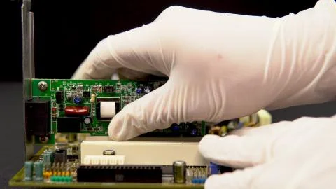 Removing a network card from the motherboard. Network data transmission system Stockfoto's