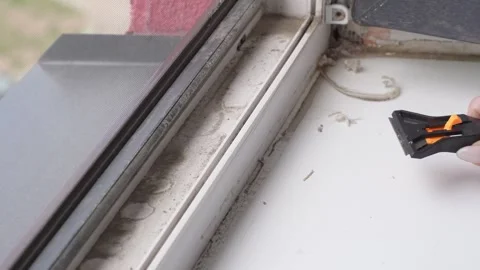 Removing Old Sealant from Window Frame during Renovation 動画素材 335941412