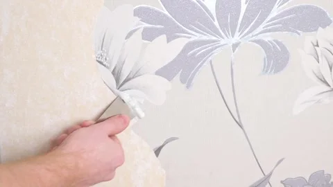 Removing old wallpaper with a spatula and a sprayer with water. A man removes Stock Footage 201630141