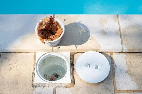 Removing a pool skimmer basket to empty the leaves out Stock Photos